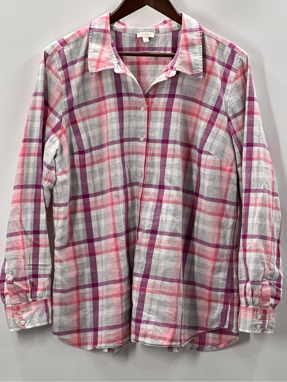 266 Talbots Lightweight Pink & Purple Plaid Button-Up Shirt